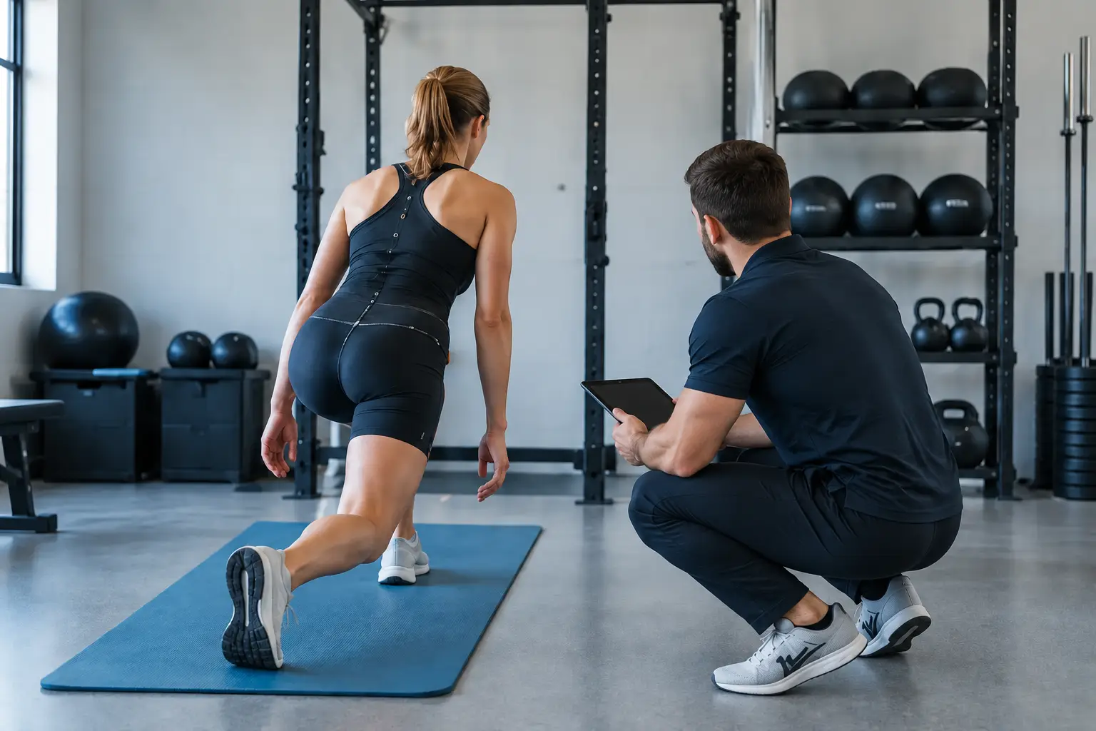 Jonny observing a woman's movement during a biomechanical assessment in JWL's new studio
