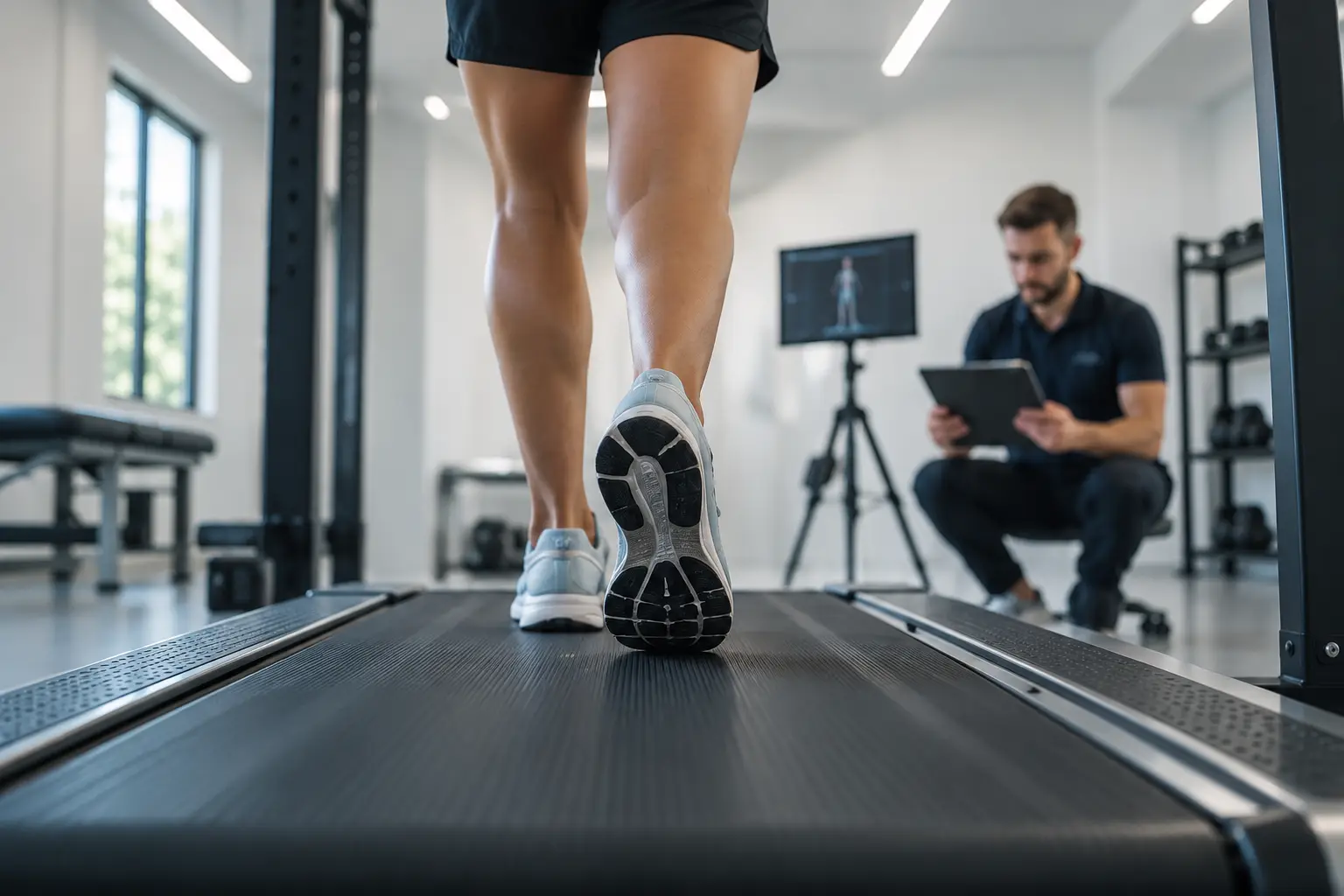 Jonny analysing a client's walking gait on a treadmill during a biomechanical assessment in JWL's new studio