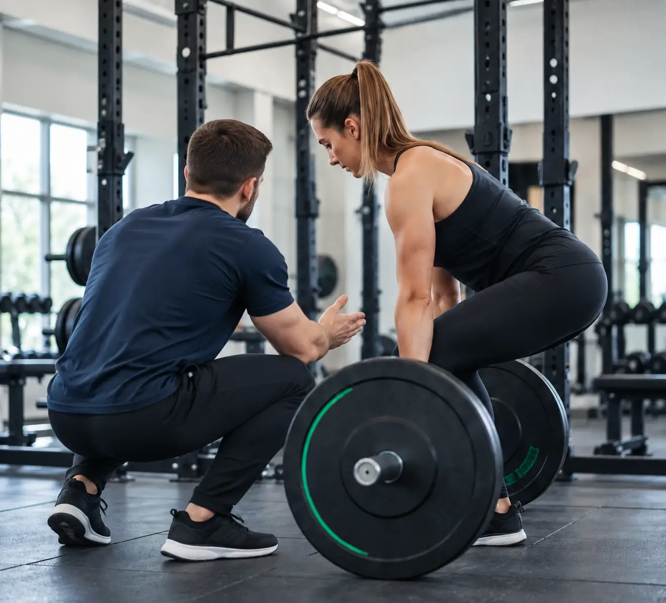 Jonny guiding a woman through a barbell deadlift during gym-based rehabilitation in JWL's new studio