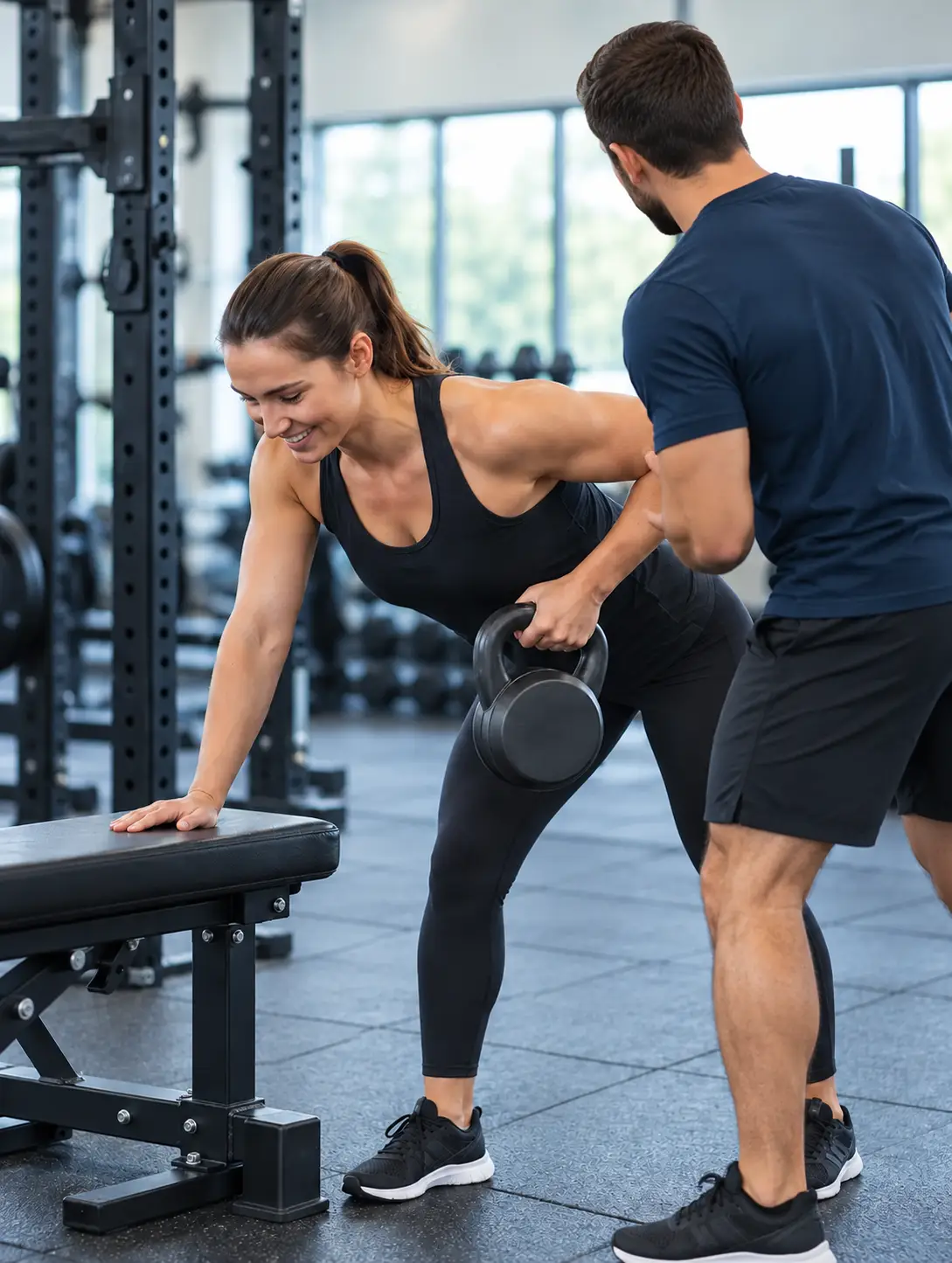 Jonny coaching a woman through a single-arm kettlebell exercise in JWL's new studio