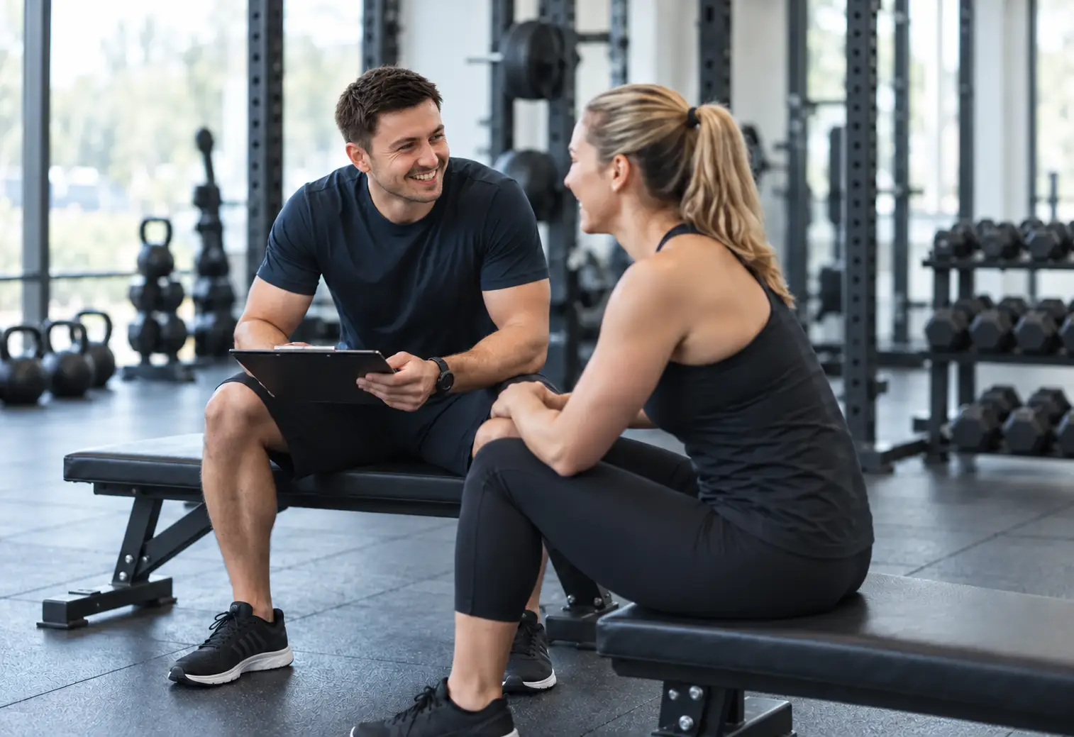 Jonny at JWL Sports Therapy discussing a tailored fitness programme with a client in the gym