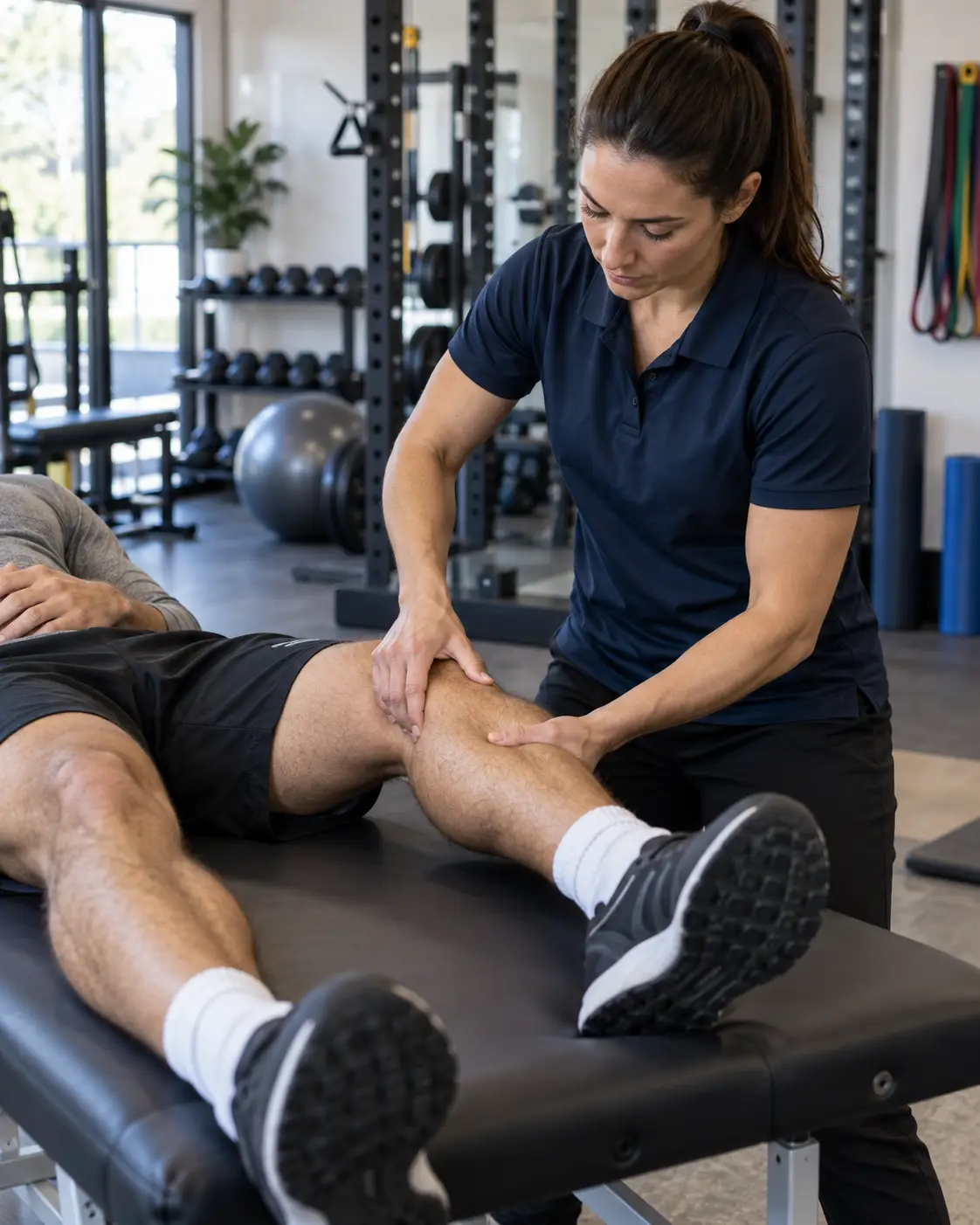Sports massage therapist works the tender area of a clients knee during treatment at JWL Sports Therapy