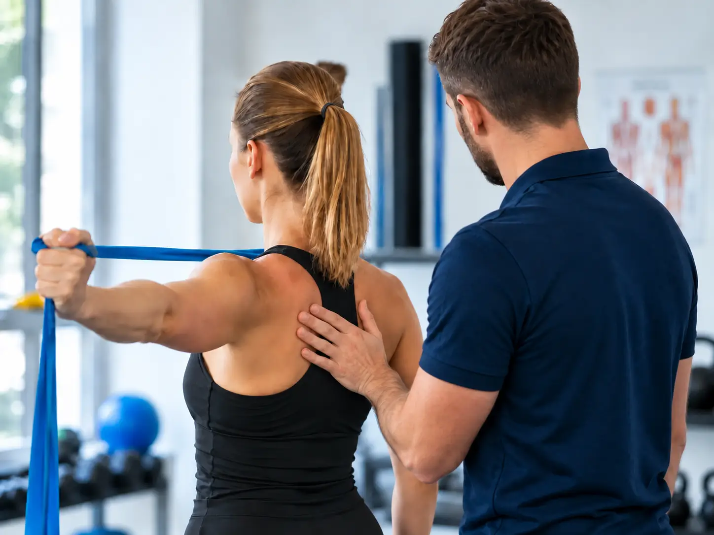 Jonny guiding a woman through a resistance band shoulder exercise in JWL's new studio